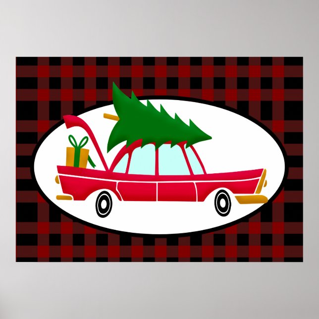Retro Red Car mit einem Weihnachtsbaum Poster (Vorne)