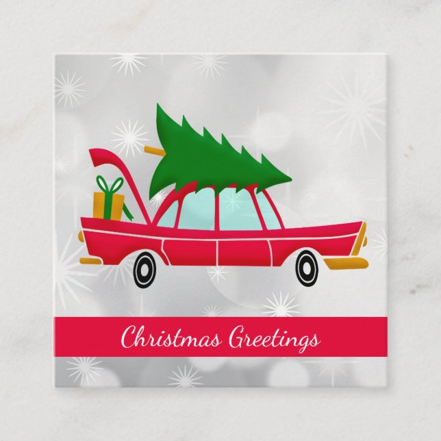 Retro Red Car mit einem Weihnachtsbaum Quadratische Visitenkarte (Vorderseite)