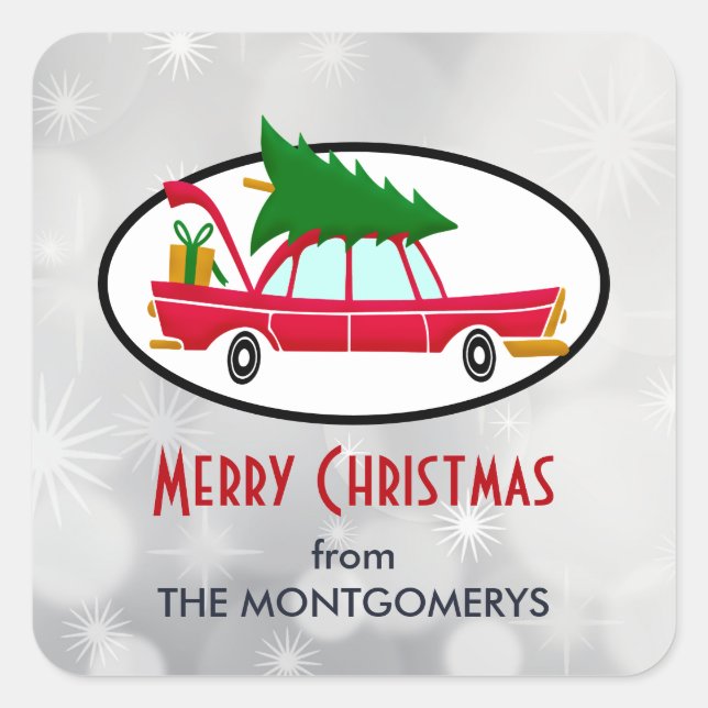 Retro Red Car mit einem Weihnachtsbaum Quadratischer Aufkleber (Vorderseite)