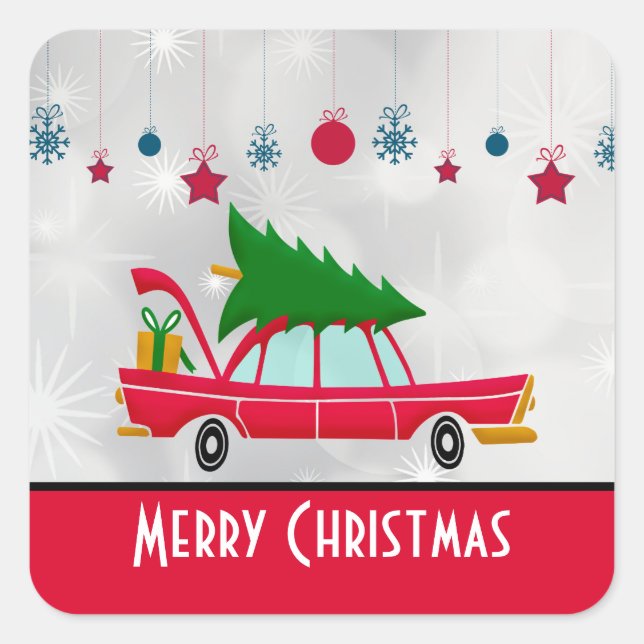 Retro Red Car mit einem Weihnachtsbaum Quadratischer Aufkleber (Vorderseite)