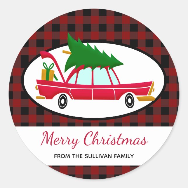 Retro Red Car mit einem Weihnachtsbaum Runder Aufkleber (Vorderseite)