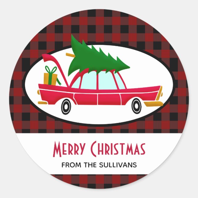 Retro Red Car mit einem Weihnachtsbaum Runder Aufkleber (Vorderseite)