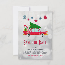 Retro Red Car mit einem Weihnachtsbaum Save The Date