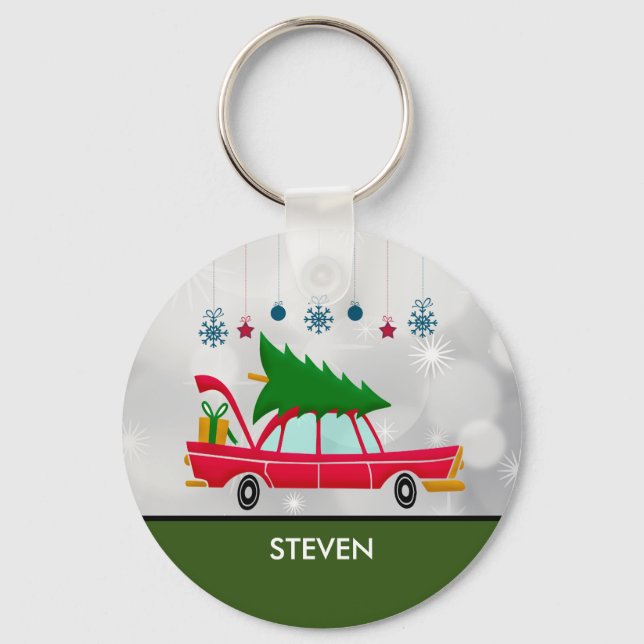 Retro Red Car mit einem Weihnachtsbaum Schlüsselanhänger (Vorderseite)