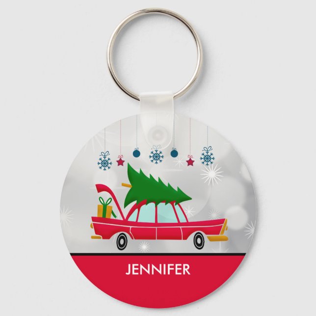 Retro Red Car mit einem Weihnachtsbaum Schlüsselanhänger (Vorderseite)