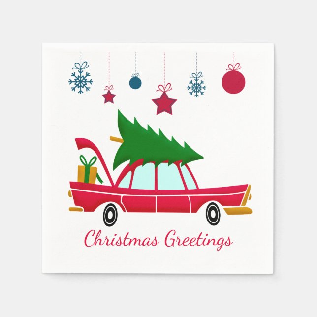 Retro Red Car mit einem Weihnachtsbaum Serviette (Vorderseite)