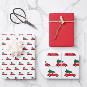 Retro Red Car mit Weihnachtsbaum auf Dach Geschenkpapier Set