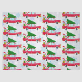 Retro Red Car Tragend ein Weihnachtsbaummuster Seidenpapier