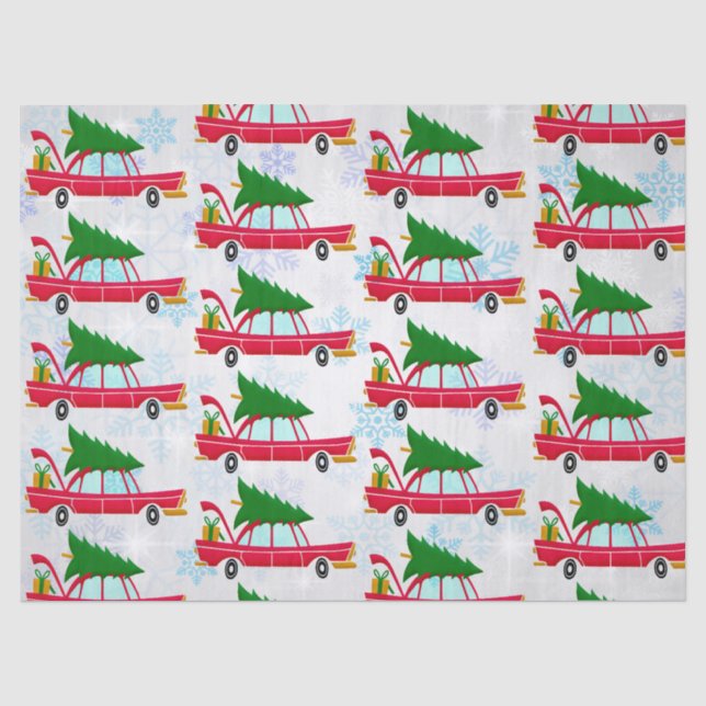 Retro Red Car Tragend ein Weihnachtsbaummuster Seidenpapier (Vorderseite)