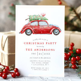 Retro Red Car Vintag Watercolor Weihnachts-Party Einladung