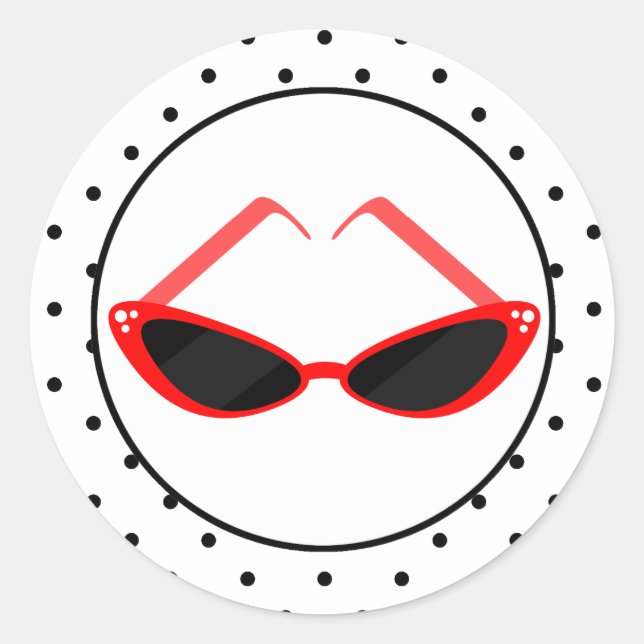 Retro Red Cat Eye Sonnenbrille & Black Polka Dots Runder Aufkleber (Vorderseite)