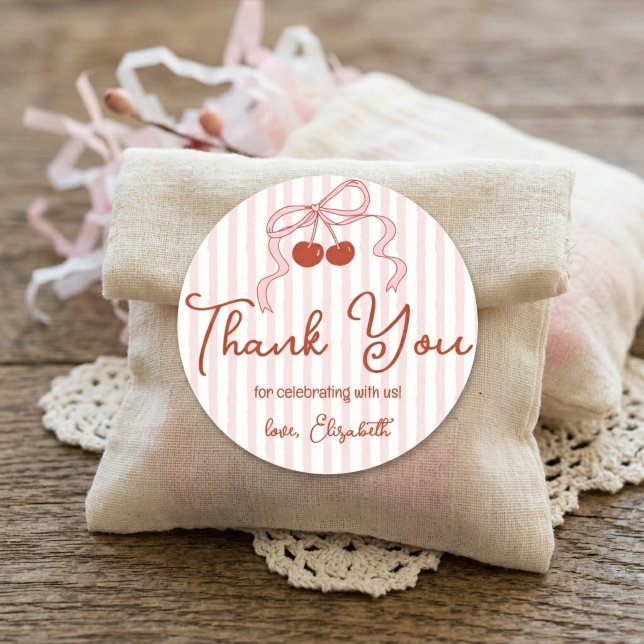 Retro Red Cherries with Pink Bow Script Thank You Runder Aufkleber (Von Creator hochgeladen)