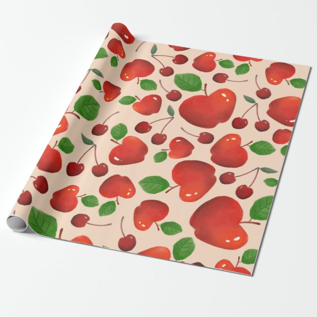 Retro Red Cherry Frucht Orchard Muster Geschenk Geschenkpapier (Ungerollt)