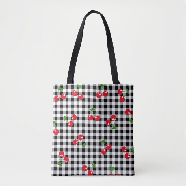 Retro Red Cherry Schwarz-weiß Buffalo Kariert Ging Tasche (Vorderseite)