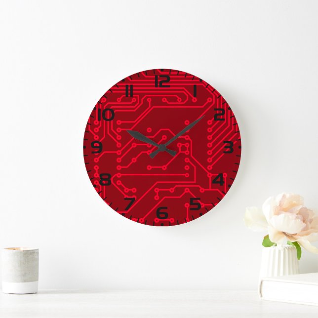 Retro Red Circuit Board Tech Pattern Große Wanduhr (Von Creator hochgeladen)