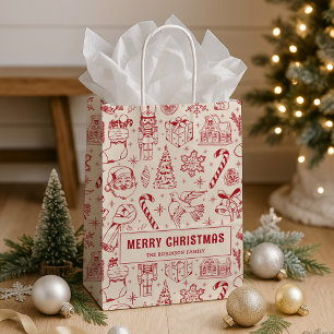Retro Red Doodle Frohe Weihnachten Mittlere Geschenktüte