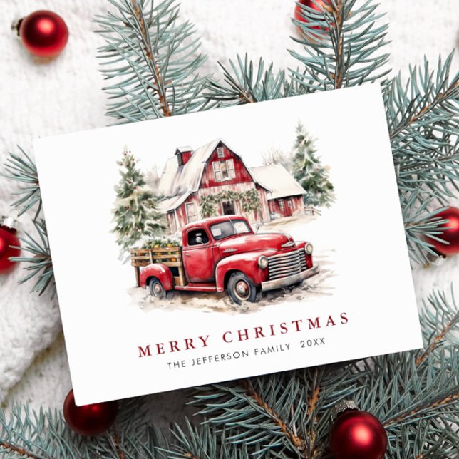 Retro Red Farm Truck Weihnachtsfeiertag Postkarte (Von Creator hochgeladen)