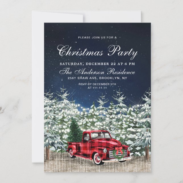 Retro Red Farm Truck Winterwald Weihnachtsfest Par Einladung (Vorderseite)