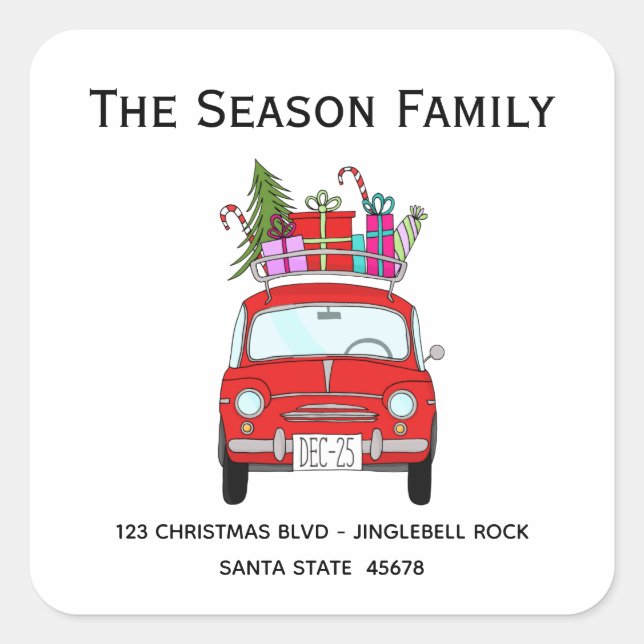 Retro Red Fiat 500 mit Weihnachtsgeschenken Quadratischer Aufkleber (Vorderseite)