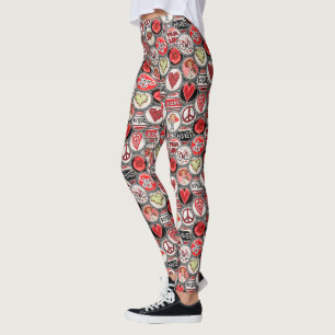 Retro Red Floral Heart Valentine's Day Flasche Cap Leggings