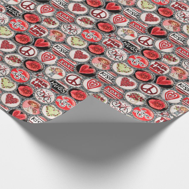 Retro Red Floral Hearts Valentine Flasche Cap Art Geschenkpapier (Ecke)