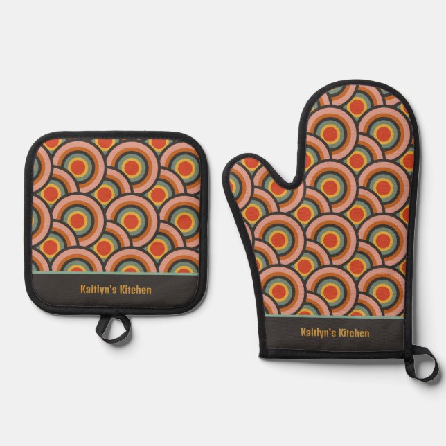 Retro Red Gold Aquamarin Circles Personalisiert Ofenhandschuh & Topflappen-Set (Vorderseite)