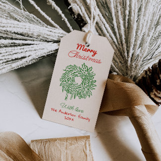 Retro Red Green Drawn Bows Wreath Merry Christmas Geschenkanhänger