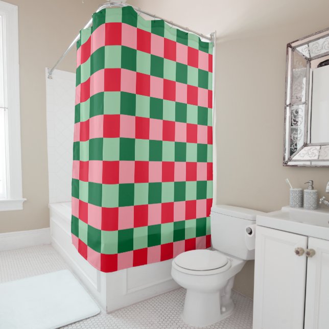 Retro Red Green Pink Tartan Karierte Weihnachten Duschvorhang (Beispiel)