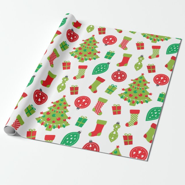 Retro Red Green Weihnachtsbaum Geschenk Muster Wra Geschenkpapier (Ungerollt)