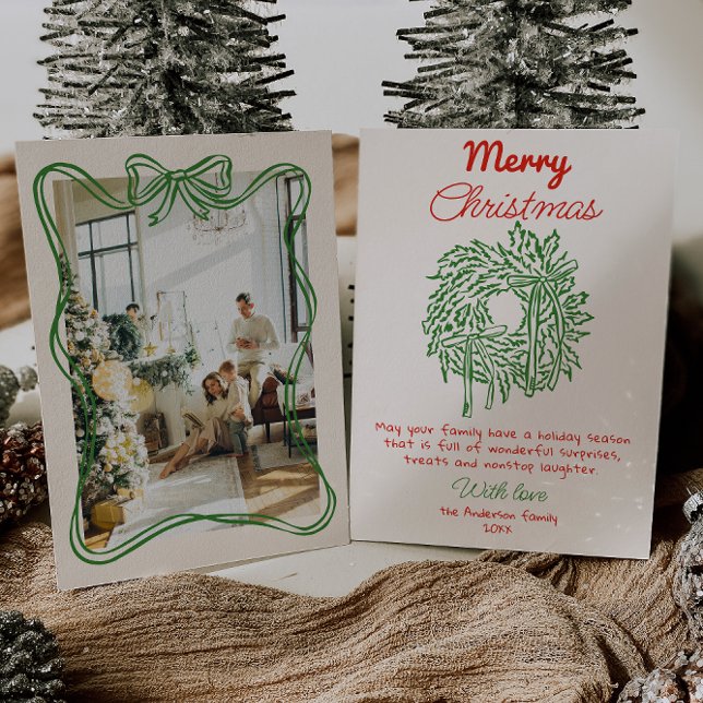 Retro Red Hand Drawn Bow Wreath Foto Weihnachten (Von Creator hochgeladen)