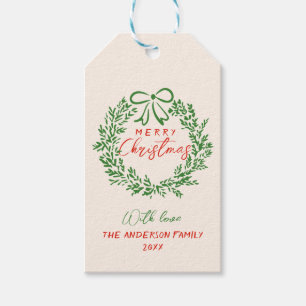 Retro Red Hand Drawn Ribbon Wreath Frohe Weihnacht Geschenkanhänger
