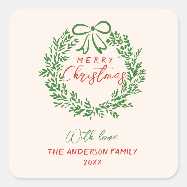 Retro Red Hand Drawn Ribbon Wreath Frohe Weihnacht Quadratischer Aufkleber (Vorderseite)