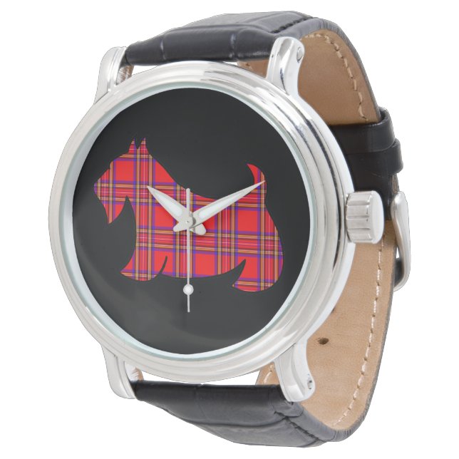 Retro Red Kariert Scottish Terrier Watch Armbanduhr (Schrägansicht)