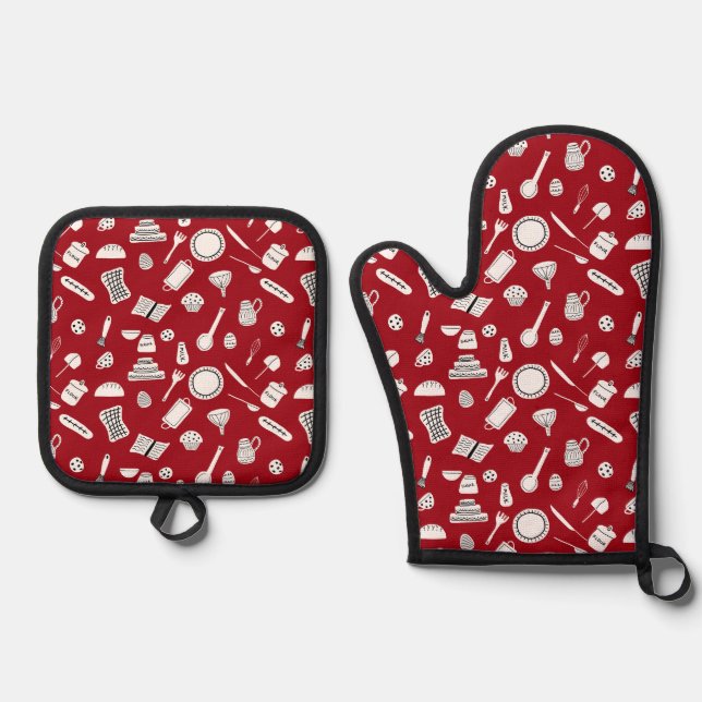 Retro Red Kitchen Ofenhandschuh & Topflappen-Set (Vorderseite)