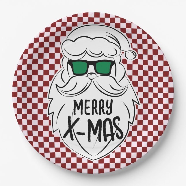 Retro Red Pink Checkered Santa Claus Christmas  Pappteller (Vorderseite)