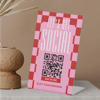 Retro Red & Pink Social Media Scannable QR Code Sockelschild
