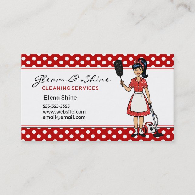 Retro Red Polka Dot Cleaner Reinigung Lady Service Visitenkarte (Vorderseite)