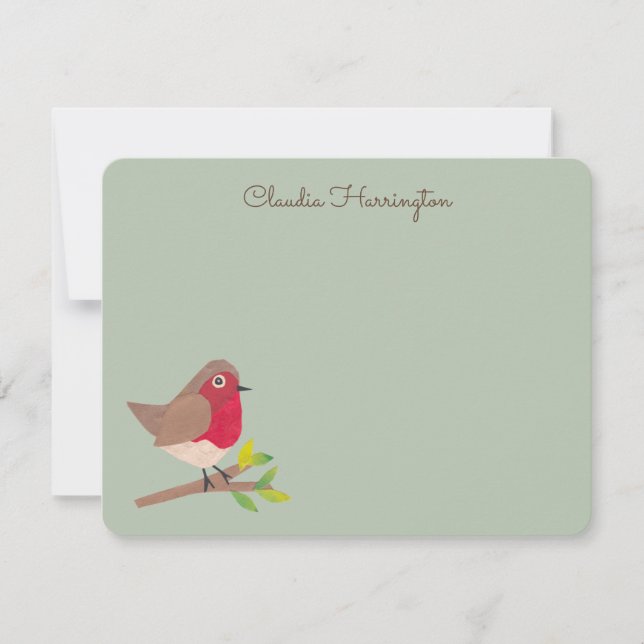 Retro Red Robin Hand-Illustrated Sage Green Mitteilungskarte (Vorderseite)