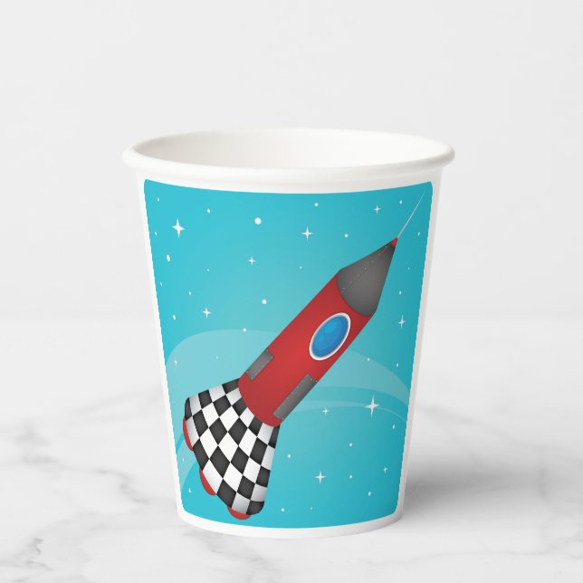 Retro Red Rocket Ship in Space Galactic Pappbecher (Vorderseite)