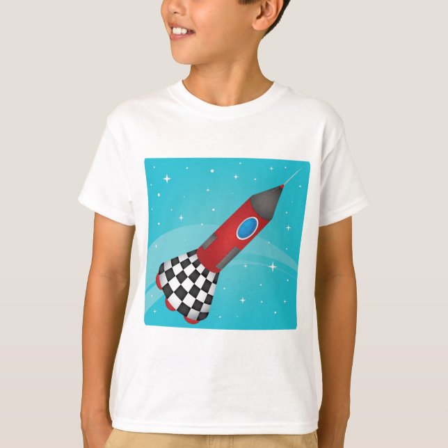 Retro Red Rocket Ship in Space Galactic T-Shirt (Vorderseite)