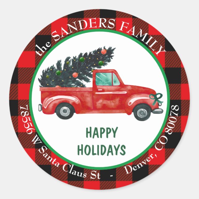 Retro Red Truck2 Weihnachtsbaum Rücksendeadresse Runder Aufkleber (Vorderseite)