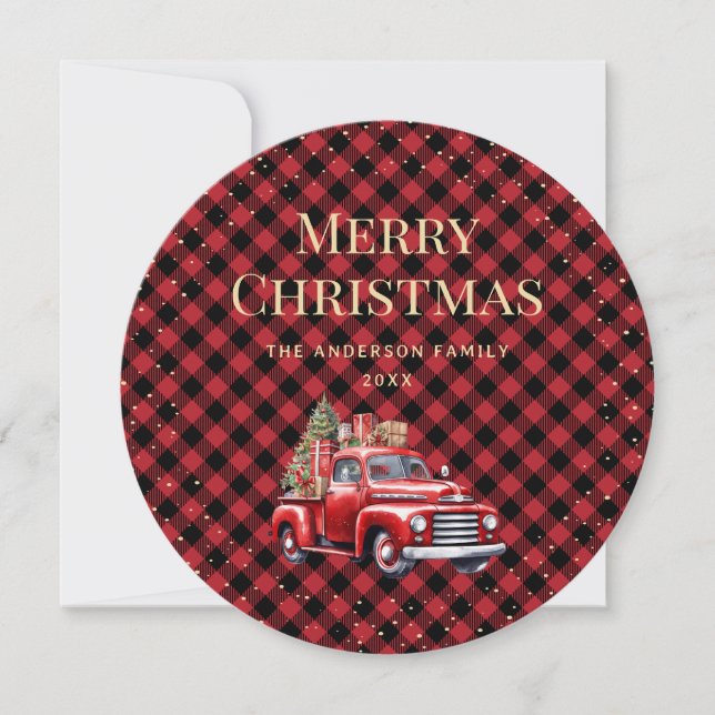 Retro Red Truck Buffalo Plaid Joyeux Carte de Noël (Devant)