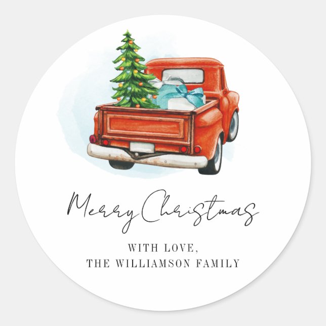 Retro Red Truck Frohe Weihnachten Custom Runder Aufkleber (Vorderseite)