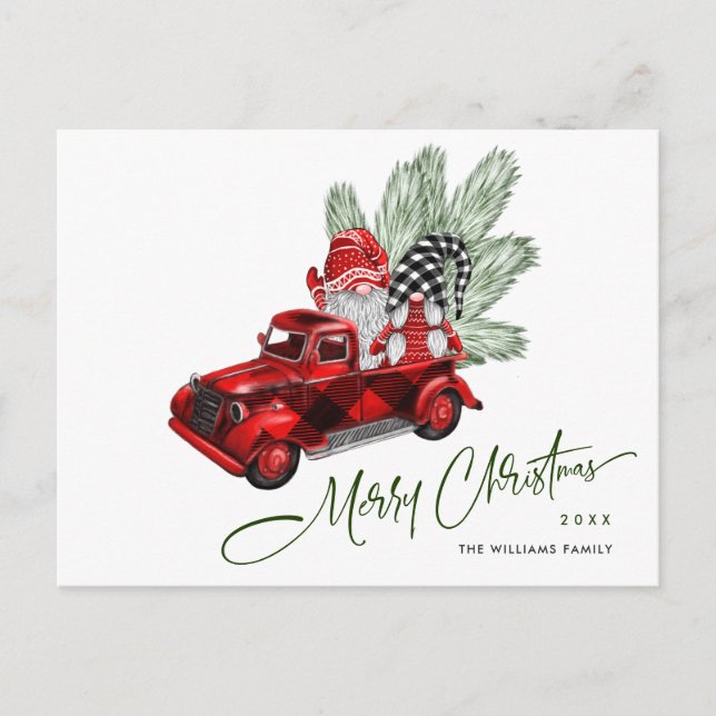Retro Red Truck Gnomes Weihnachtsfeiertag Gruß Postkarte (Vorderseite)