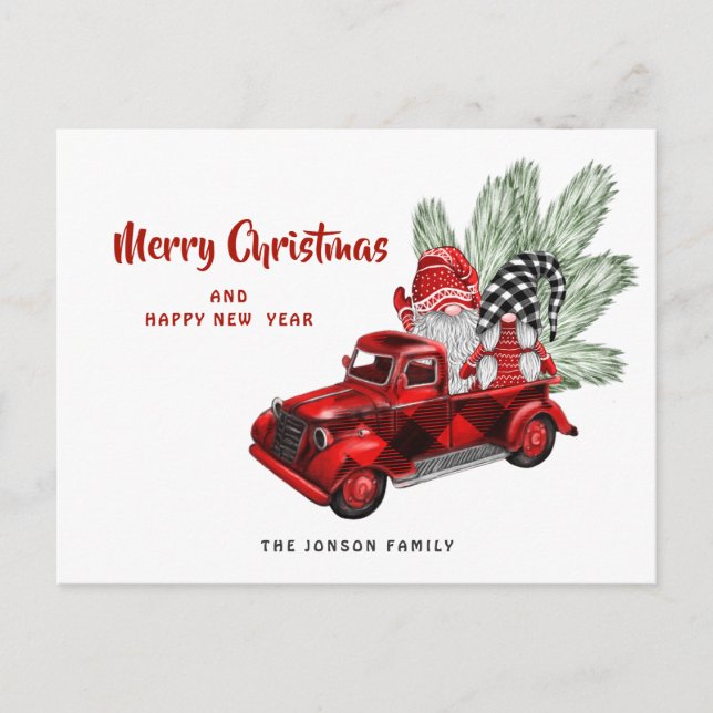 Retro Red Truck Gnomes Weihnachtsfeiertag Gruß Postkarte (Vorderseite)