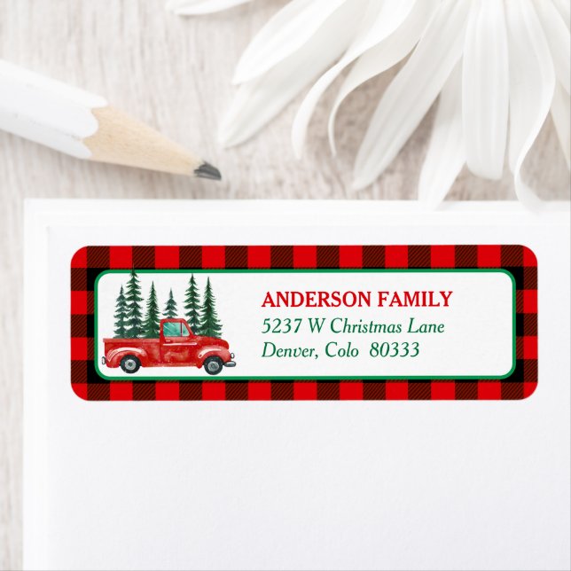 Retro Red Truck Weihnachtsbaum Rücksendeadresse (Insitu)