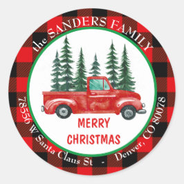 Retro Red Truck Weihnachtsbaum Rücksendeadresse Runder Aufkleber