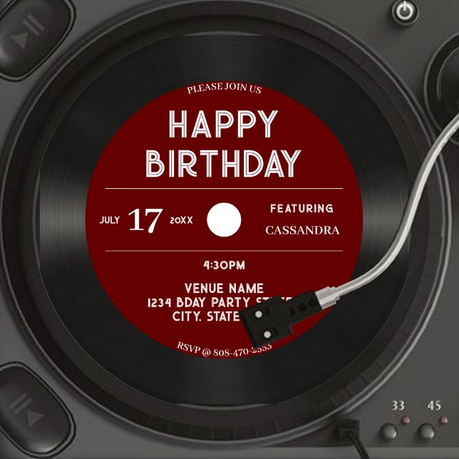Retro Red Vinyl Record Black Happy Birthday Party Einladung (Retro Red Vinyl Record Black Happy Birthday Party Invitation)