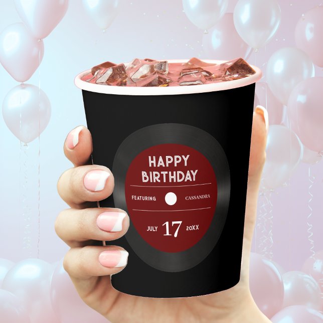 Retro Red Vinyl Record Black Happy Birthday Party Pappbecher (Retro Red Vinyl Record Black Happy Birthday Party Paper Cups)