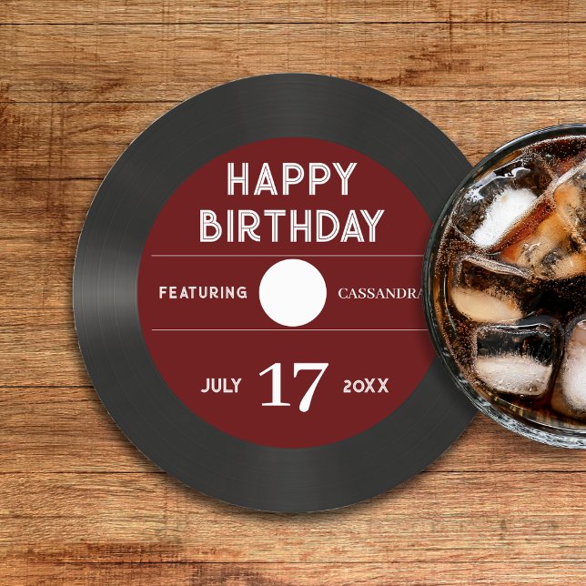 Retro Red Vinyl Record Black Happy Birthday Party Runder Pappuntersetzer (Retro Red Vinyl Record Black Happy Birthday Party Round Paper Coaster
)
